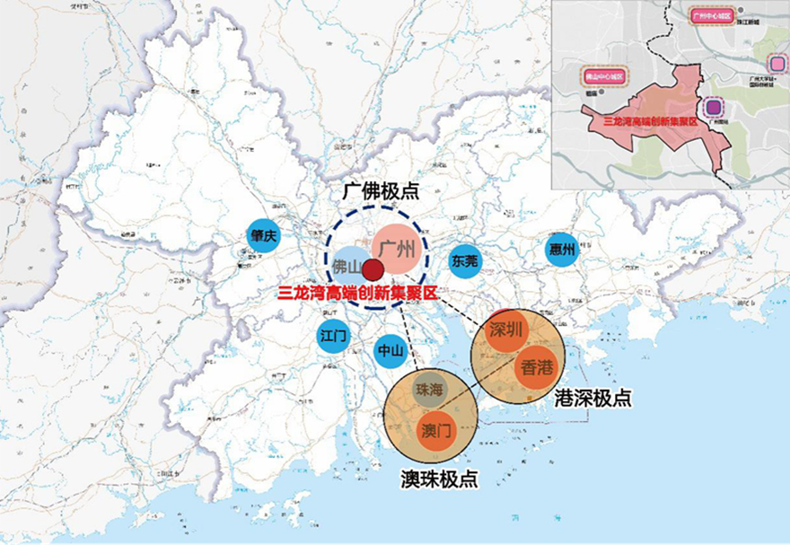 2021年2月，廣東省推進(jìn)粵港澳大灣區(qū)建設(shè)領(lǐng)導(dǎo)小組正式印發(fā)了《佛山三龍灣高端創(chuàng)新集聚區(qū)發(fā)展總體規(guī)劃(2020—2035年）》。三龍灣將打造成廣東省推進(jìn)粵港澳大灣區(qū)建設(shè)的重要發(fā)展平臺(tái)和珠江西岸創(chuàng)新極核，建設(shè)成為面向全球的先進(jìn)制造業(yè)創(chuàng)新高地、珠江西岸開放合作標(biāo)桿、廣佛融合發(fā)展引領(lǐng)區(qū)和高品質(zhì)嶺南水鄉(xiāng)之城。圖為三龍灣區(qū)位示意。