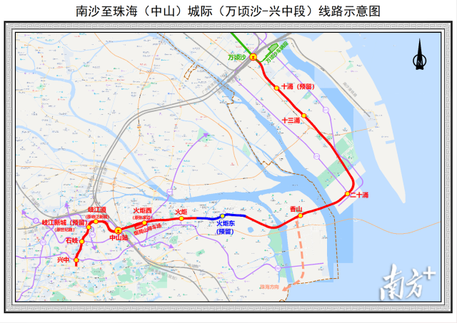  南沙至珠海(中山)城際(萬頃沙-興中段)線路示意圖