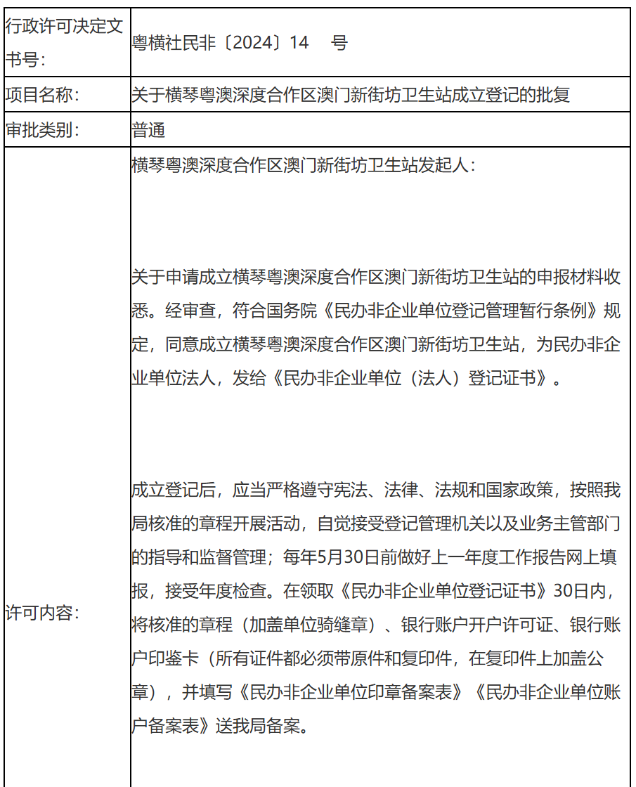 關(guān)于橫琴粵澳深度合作區(qū)澳門新街坊衛(wèi)生站成立登記的批復(fù)